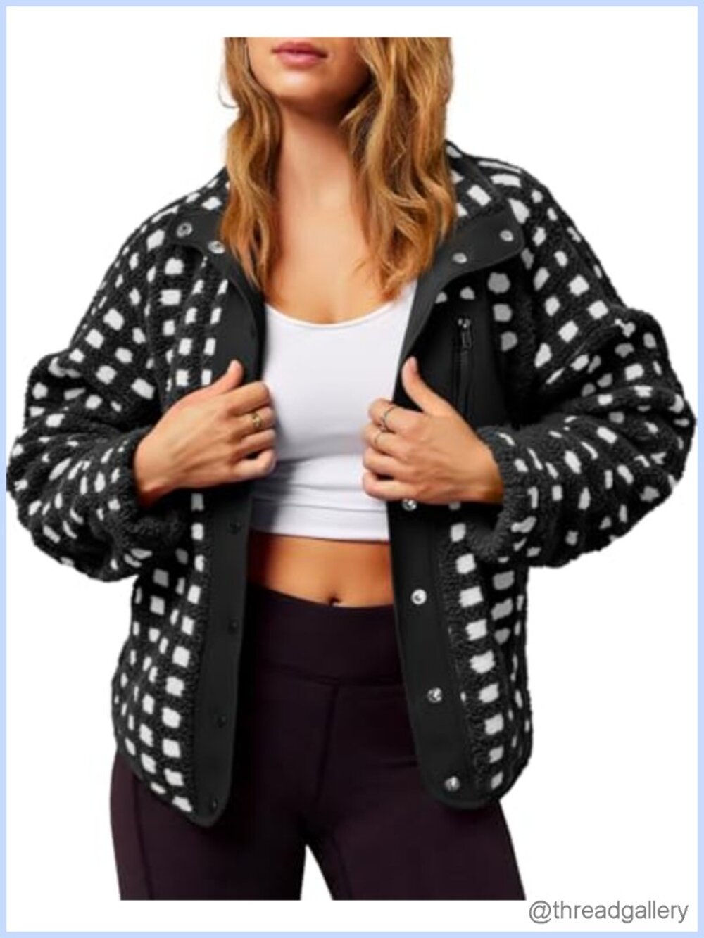 Fleece Sherpa Jacket Fuzzy Checkered Snap Button Winter Coat